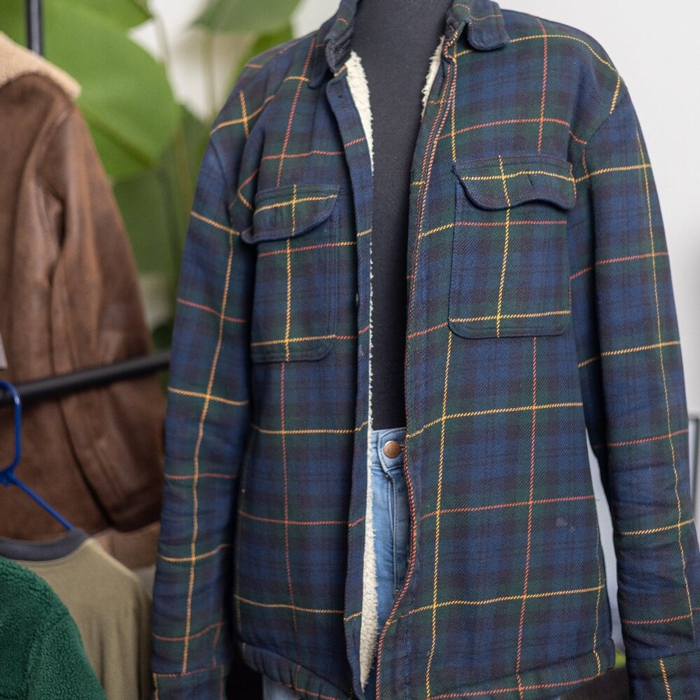 Sherpa-Lined Plaid Flannel Jacket – Navy & Green Shacket